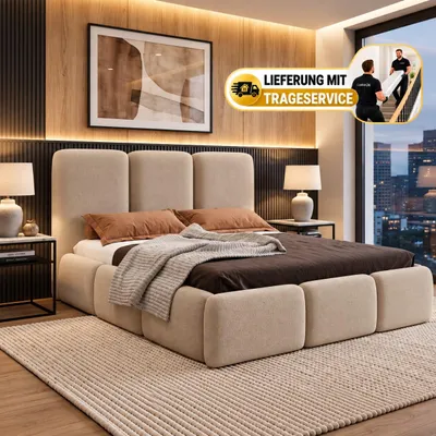 Produktbild von Polsterbett 140x200 cm mit Bettkasten VARDO, Stauraum und Metall-Lattenrost – Bouclé Stoff Beige