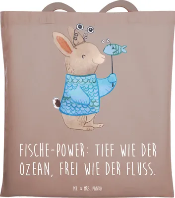 Produktbild von Mr. & Mrs. Panda Tote Bag Fische Astrologie - Braun Pastell - Geschenk, Tasche, Sternzeichen, Uni, Einkaufstasche, Jutebeutel, Geburtstagsgeschenk, Laptoptasche, Fischer