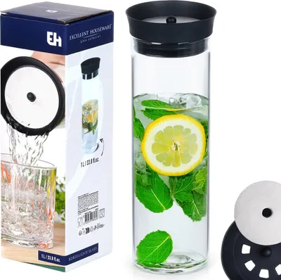 Image de Excellent Houseware Carafe en verre Bouteille en verre Pichet en verre Carafe en verre avec couvercle 1 L