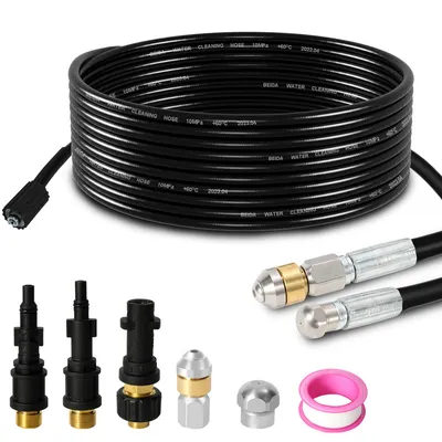 Produktbild von TolleTour Rohrreinigungsschlauch Set 10M, mit Düsen starr + rotierend, 3 Adapter, für handelsübliche Hochdruckreiniger, universelles Rohrreinigungs Set