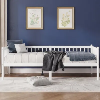 Produktbild von Kiefernholz Tagesbett 90x200 cm Weiß Schlafsofa mit Geländer Holz Bettgestell ohne Matratze 208,5x97,3x72,4 cm