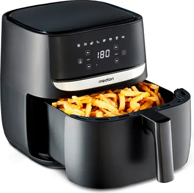 Produktbild von MEDION E50 XL Heißluftfritteuse (5,7 Liter, Airfryer, ca. 1700 Watt, Digitales Bedienfeld, 8 Automatikprogramme, ölfreies Frittieren, 30 Min Timer, Überhitzungsschutz, MD10532) schwarz