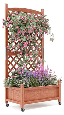 Produktbild von Hochbeet auf Rollen - Erhöhtes Holz-Pflanzkasten - 150 cm - Mit Rankgitter und Beinen - Für Gemüse - Natur