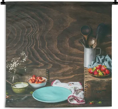 Produktbild von MuchoWow® Wandteppich Wandbehang Rustikal - Obst - Küchenutensilien - Erdbeere 120x120 cm Tapisserie Dekoration Wandtuch - Modern - Baumwollgewebe
