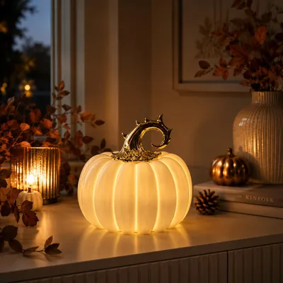 Produktbild von LED Porzellan Kürbis Weiß Gold Groß Herbstdeko mit warmweißer LED 6H Timer Elegante Herbst & Halloween Dekoration