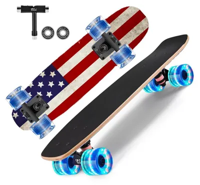 Productafbeelding van Skateboard met glanzende wielen, een deck van 9 lagen esdoornhout, afmetingen 31x8 inch, geschikt voor beginners en gevorderden
