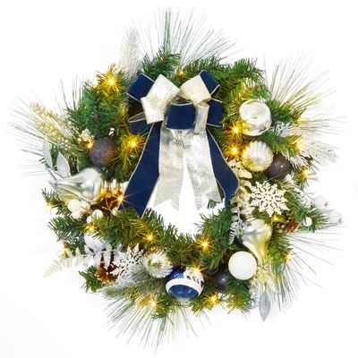 24 Zoll beleuchteter Weihnachtskranz, Blau Silber Weihnachtstür Kranz Dekoration mit Kugel Ornamenten Schleifen, batteriebetriebene 30LED Lichter