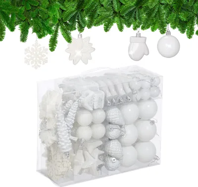 Image de Lot de 100 boules de Noël Relaxdays, pailletées, mates et brillantes, décorations pour sapin, plastique, motifs variés, blanc