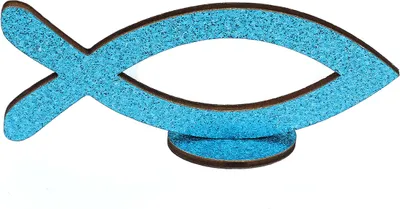 A blue glitter fish-shaped stand on a white background.
