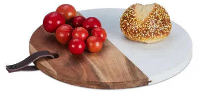 Image de Planche à découper ronde en marbre et bois, planche de cuisine, H x P : 1,5 x 25 cm, planche à petit-déjeuner, à suspendre, naturel/blanc