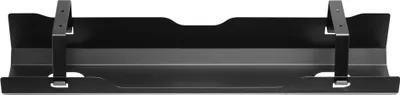 A black metal cable management tray designed to be mounted under a desk.