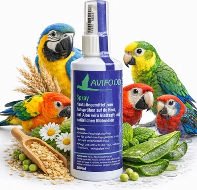 Zdjęcie produktu dla Avifood Spray 250 ml - Kojący spray do stosowania miejscowego o działaniu przeciwświądowym i przeciwzapalnym dla wszystkich papug