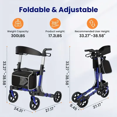 Immagine prodotto di Deambulatore – Deambulatore pieghevole – Deambulatore con sedile – Realizzato in alluminio leggero – Ruote grandi – Regolabile in altezza
