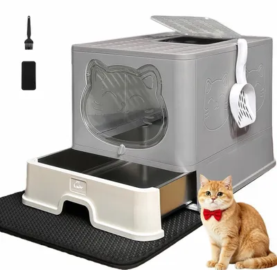 Produktbild von Geschlossenes Katzenklo Edelstahl mit Schublade Grau faltbar