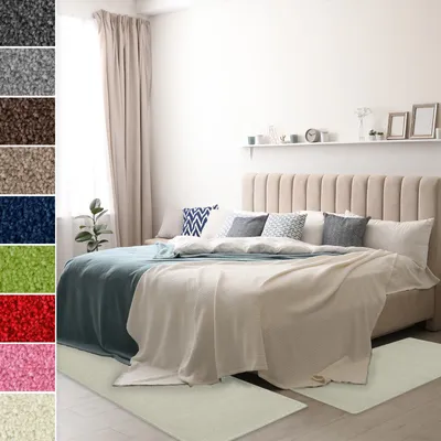 A bedroom scene with a bed, pillows, and rugs, showcasing different color options for the rugs.