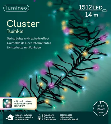Produktbild von Lumineo Lichterkette CLUSTER TWINKLE 1512 LED 14m BUNT schwarzes Kabel