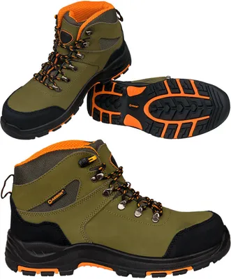A collage of three images showing a pair of green and black work boots with orange accents.