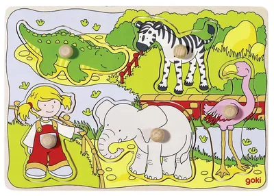 Image de Puzzle en bois animaux du zoo 5 pieces - goki - puzzle a encastrer avec boutons - 57590