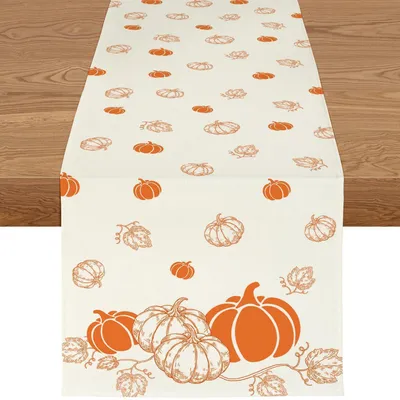 Productafbeelding van Herfsttafelkleed, 40x240 cm, beige, linnen, pompoenmotief, waterafstotend, wasbaar