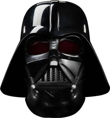A close-up front view of a Darth Vader helmet.