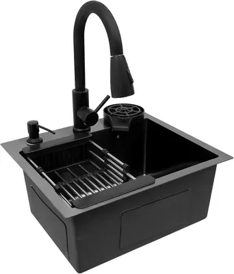 Produktbild von Küchenspüle, Ausziehbarer Wasserhahn, Becherreiniger, schwarz