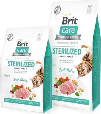 Two bags of Brit Care cat food are shown against a white background. The larger bag is in the foreground and slightly to the right, while a smaller bag is in the background and to the left. Both bags feature images of fresh chicken, berries, and peas, alon