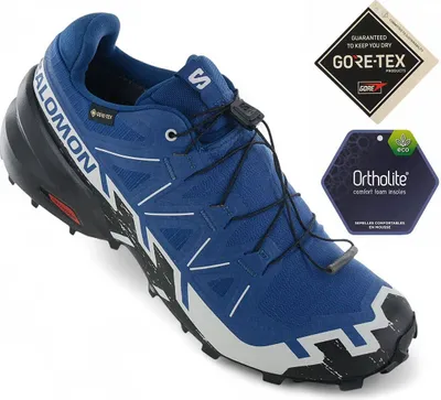 A blue Salomon Speedcross 6 GTX trail running shoe is shown from a slightly elevated side angle, with two informational badges to the right.