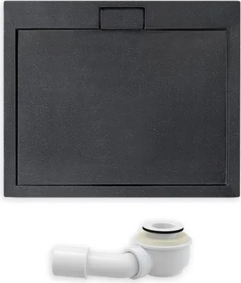A black shower tray and a white drain assembly are shown against a white background.