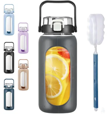 Imagen del producto de Omgoods - Botella de agua de vidrio de 2000 ml con pajita y marca de tiempo - Gris oscuro