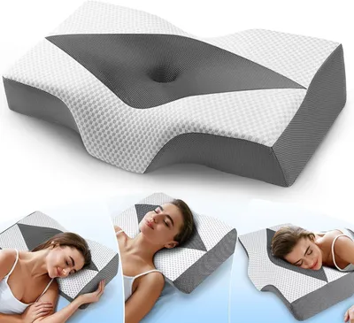 Imagen del producto de Almohada ortopédica para el cuello, fabricada en espuma viscoelástica, con 2 niveles de altura, y con funda transpirable y lavable, ideal para dormir de lado y