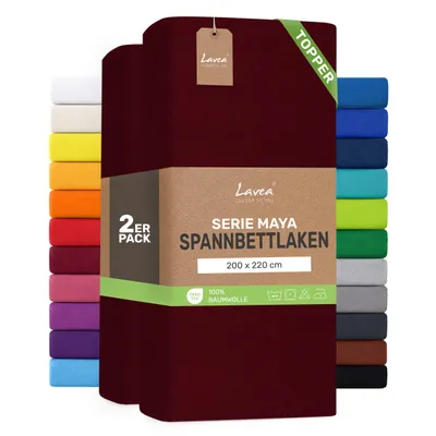 Zdjęcie produktu dla Zestaw 2 sztuk prześcieradeł elastycznych Lavea® o wymiarach 200x220 cm, wykonanych w 100% z bawełnianej dzianiny – do materacy o grubości do 10 cm – miękkie, w kolorze bordowym