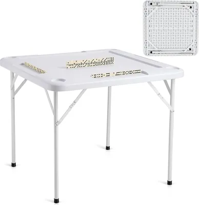 Productafbeelding van Mahjong-tafel, dominospel-tafel, inklapbare kaarttafel voor 4 spelers met 4 bekerhouders en 4 vakken voor fiches, draagbare dominospel-tafel met een set dominostenen voor mahjong, poker en puzzelspellen