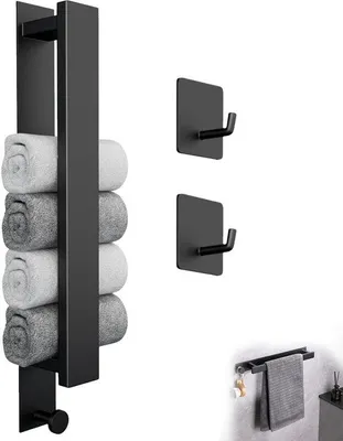 Productafbeelding van Handdoekhouder zonder boren, zelfklevend, roestvrij staal, zwart, wandmontage, 2 handdoekhaken, voor badkamer en keuken