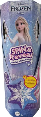 The image shows the packaging for a Disney Frozen Elsa Spin & Reveal toy. Elsa is depicted on the front of the box, along with the product name and a star-shaped toy.