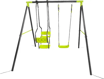 Produktbild von Tandemschaukel mit Metallgestell Deluxe – 1 Einzelsitz & 1 Gondelschaukel für 2 Kinder