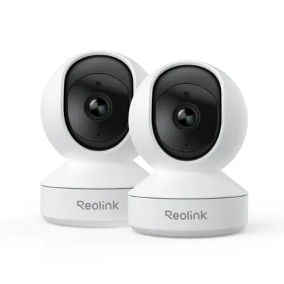 Two white Reolink indoor security cameras are shown against a white background.