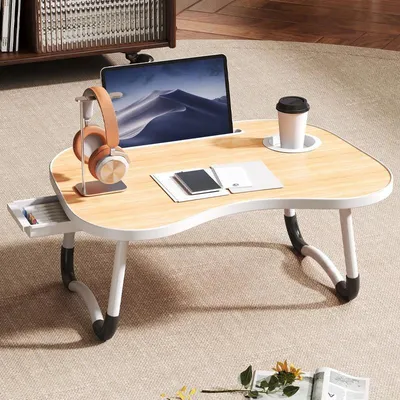 Produktbild von Klapptisch für Laptop - Tragbarer Notebooktisch - Holz - Mit Becherhalter - Mit Schublade - Für Bett und Sofa - Weiß
