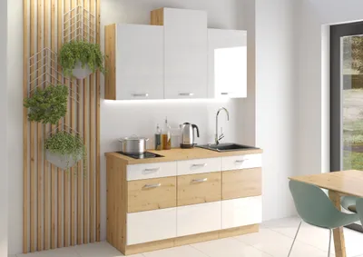 Produktbild von Küche Eiche Artisan Weiß 150 cm Küchenzeile Hochglanz Küchenblock Singleküche