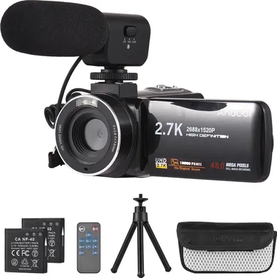 Produktbild von Andoer 2.7K Digital Videokamera Camcorder DV Recorder 48MP 16X Digital Zoom 3.0 Zoll IPS Touch Panel Unterstuetzt Gesichtserkennung Beauty Face Smile Capture Anti-Shake mit 2 Batterien + Fernbedienung + Mini-Stativ + Tragetasche + Externes Mikrofon