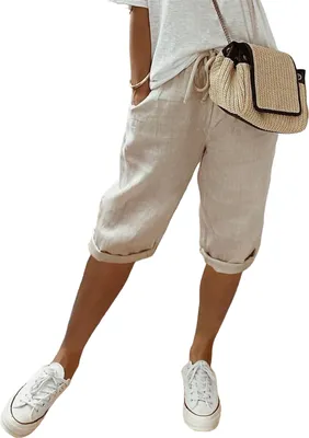 Produktbild von ASKSA Dámské letní plátěné kalhoty Vzdušné capri kalhoty s vysokým pasem Volné elastické plážové kalhoty Šortky, khaki, vel: L