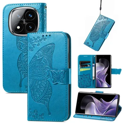 Produktbild von Für Xiaomi Redmi Note 14 Pro Plus 5G Kunstleder Wallet Handy Tasche Schmetterling Design Hülle Etuis Blau