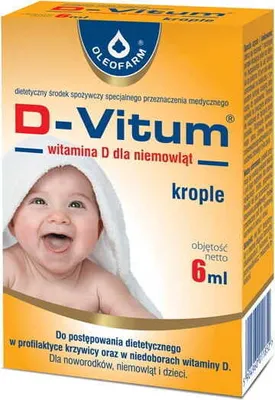A product box for D-Vitum vitamin D drops for infants, featuring a baby's face.