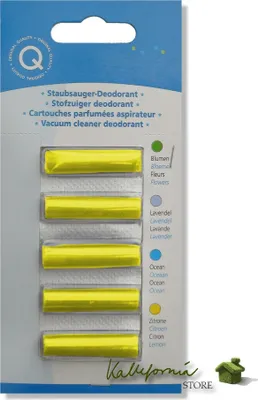 A retail package of vacuum cleaner deodorizer sticks with multiple scent options indicated by colored dots and text.