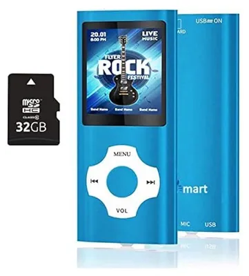Obrázek produktu pro 32GB MP3 přehrávač, přenosný HiFi bezztrátový hudební přehrávač, FM rádio, hlasový záznamník, videopřehrávač, e-kniha, sportovní MP3 přehrávač na běhání, 18 hodin přehrávání hudby, modrý