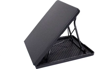 A black foldable footrest or step stool is shown against a white background.