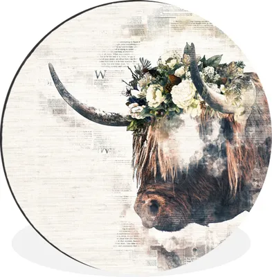 Produktbild von MuchoWow® Aluminium Wandkreis Schottischer Highlander - Schottische Kuh - Blumen Ø 30 cm Wanddeko Modern Wohnzimmer - Wand Bild - Wohnzimmer - Runde Bilder - Alubilder - Kunst für zu Hause - Aluminium - Wanddekoration