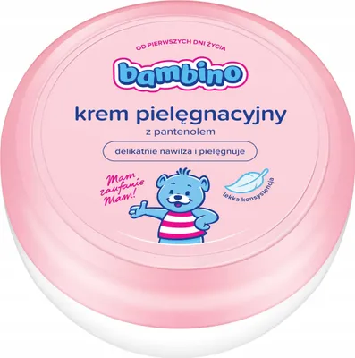 A pink jar of Bambino cream with a cartoon bear illustration.