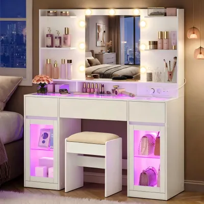 Produktbild von VASAGLE Schminktisch mit Spiegel, RGB-Beleuchtung und Steckdose, 107 x 40 x 144,5 cm, Holzspanplatte und Glas, mit 2 Schränken, Weiß, für Schlafzimmer