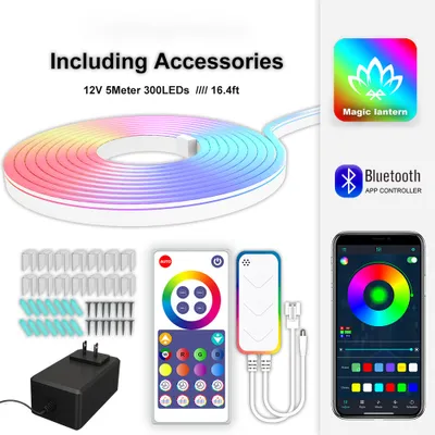 Imagen del producto de Tira de luces LED tipo neón con conexión Wi-Fi y Bluetooth, control de música, 12V, 5 metros, 300 luces, controlable mediante aplicación