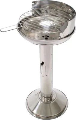 A stainless steel charcoal grill on a stand, photographed against a white background.